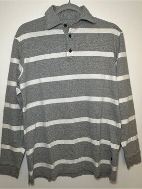 Men's Gray & White Striped Long-Sleeve Polo Shirt